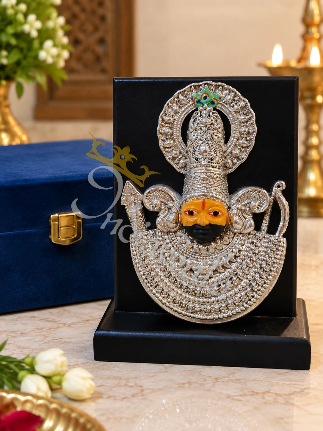 INW-9463 6 Inch German Silver Khatu Shyam Face in a premium velvet box