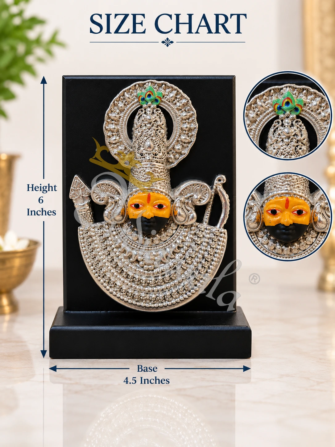 INW-9463_1 6 Inch German Silver Khatu Shyam Face in a premium velvet box