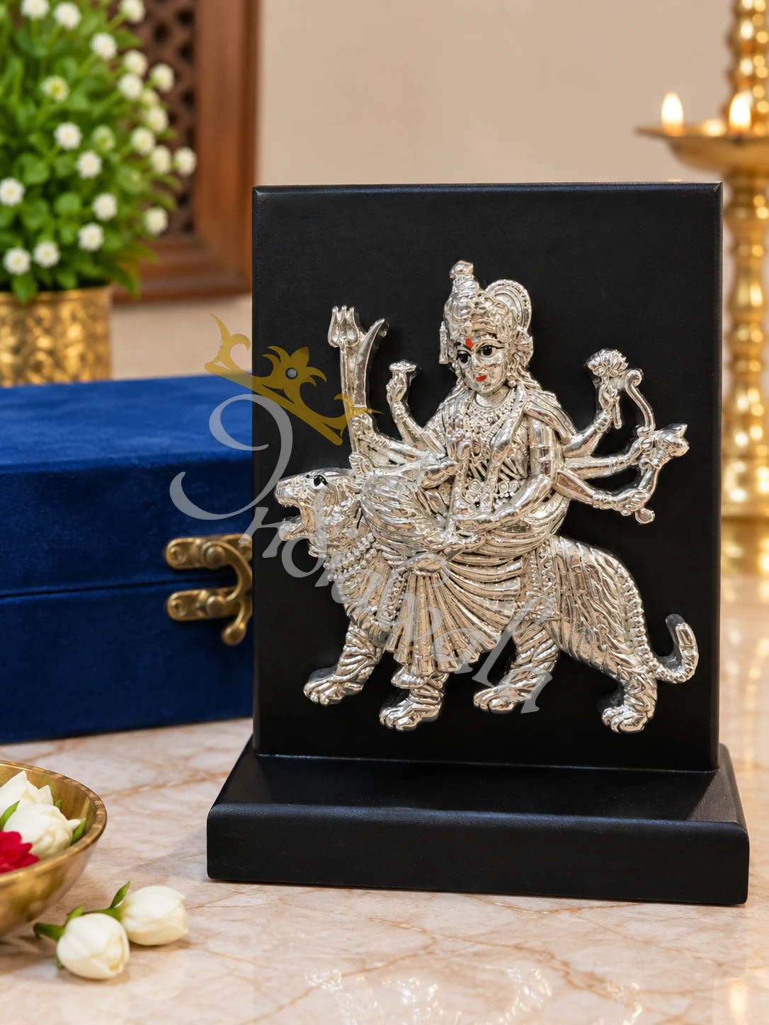 INW-9464 6 Inch German Silver Durga Statue in a premium velvet box