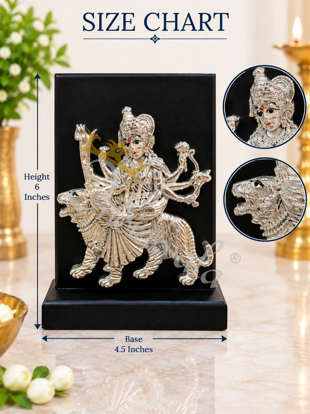 INW-9464_1 6 Inch German Silver Durga Statue in a premium velvet box