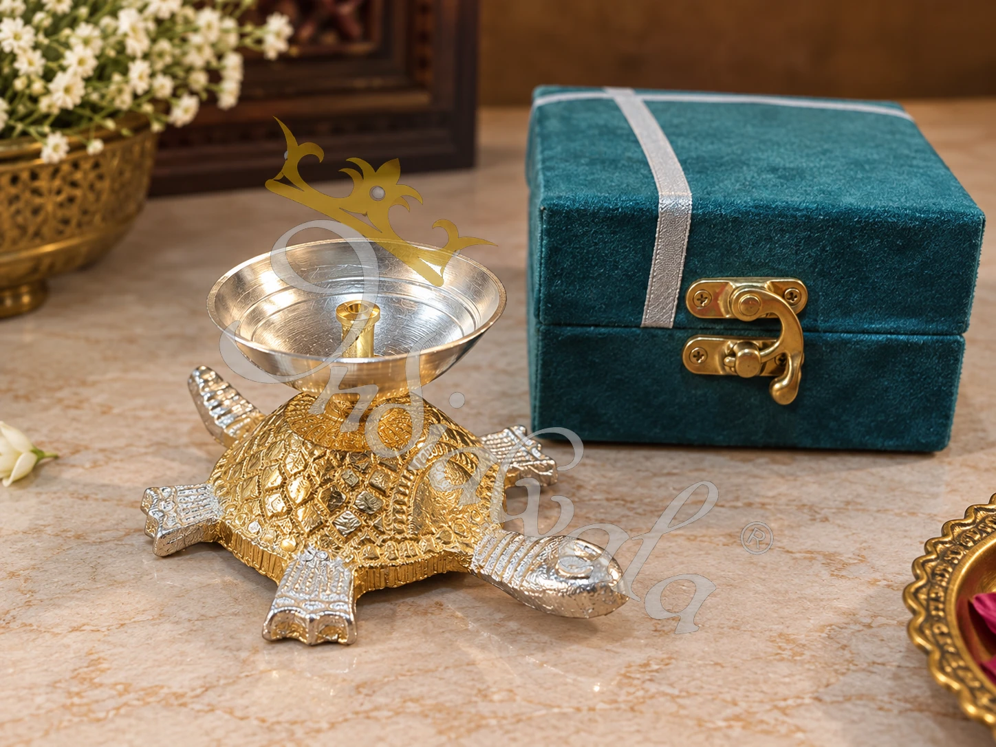 INW-9465 Elegant Dual Tone Aluminium Tortoise Diya for spiritual rituals.