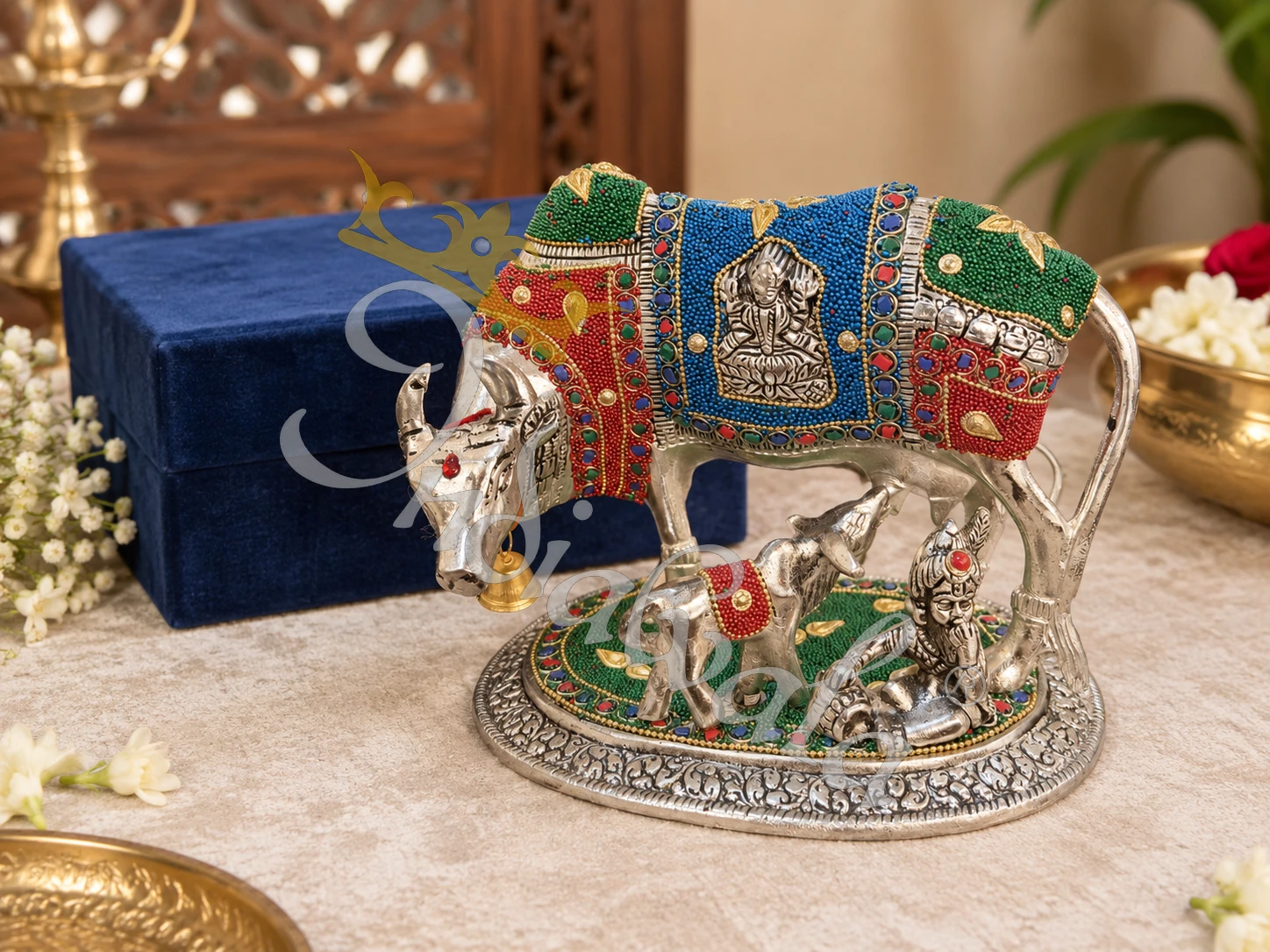 INW-9467-1 An elegant 8 Inch German Silver Stone Work Kamdhenu statue, crafted from silver-plated aluminium with intricate stone detailing.