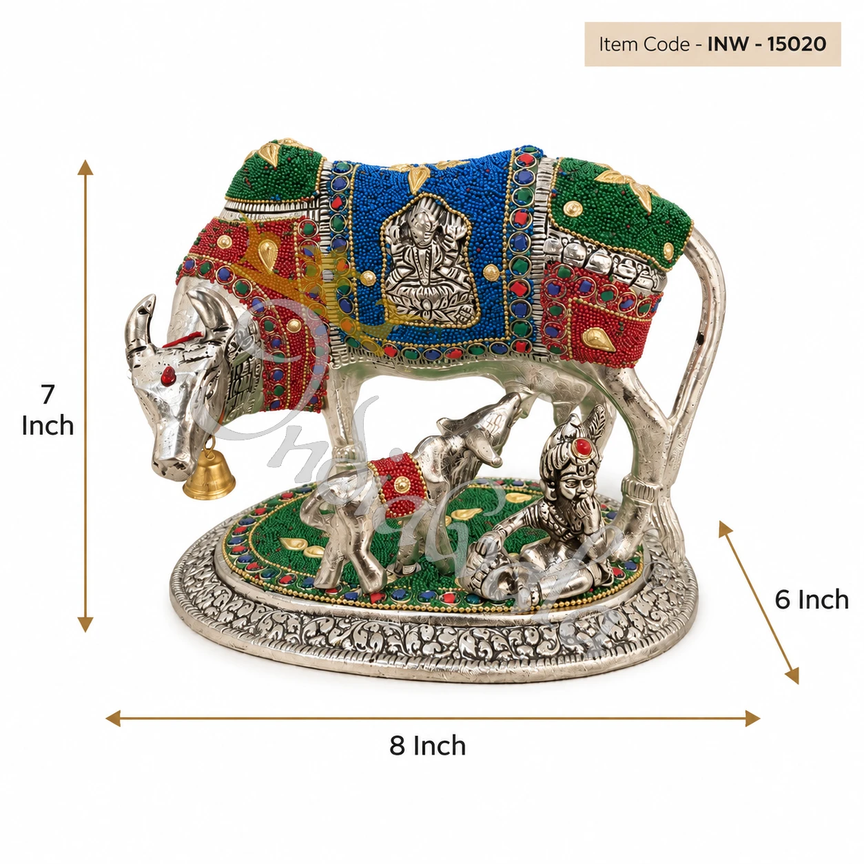 INW-9467_1-1 An elegant 8 Inch German Silver Stone Work Kamdhenu statue, crafted from silver-plated aluminium with intricate stone detailing.