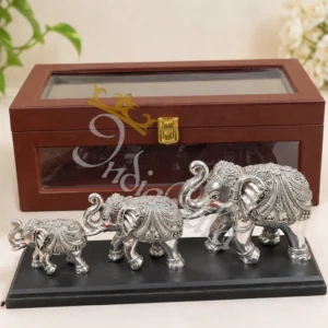 A beautiful 11.5 Inch German Silver Elephant Pair Gift Set, elegantly presented in a velvet box.