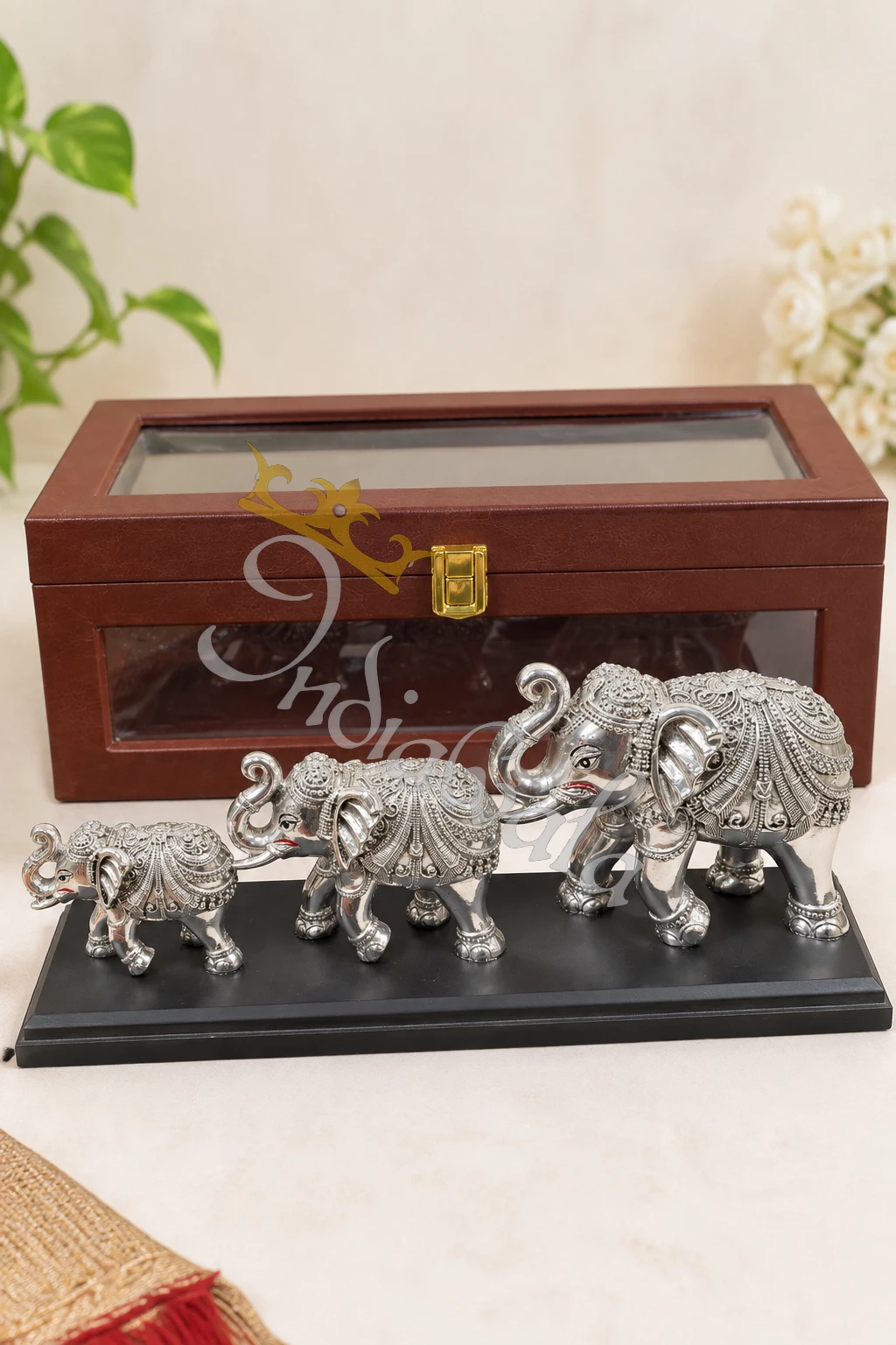 INW-9468 A beautiful 11.5 Inch German Silver Elephant Pair Gift Set, elegantly presented in a velvet box.