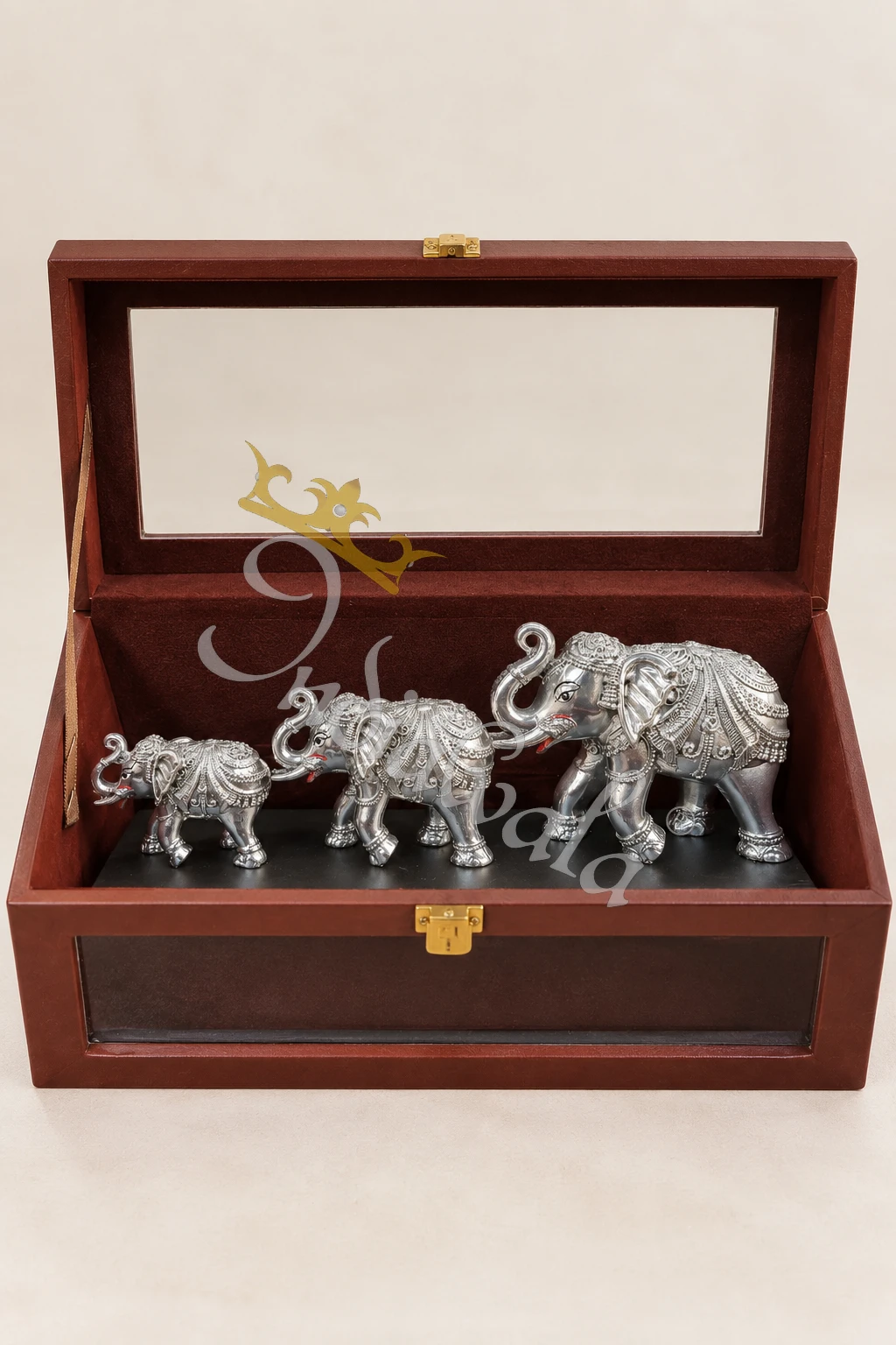 INW-9468_1 A beautiful 11.5 Inch German Silver Elephant Pair Gift Set, elegantly presented in a velvet box.