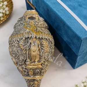 A beautifully crafted 9 Inch German Silver Vishnu Shankh, perfect for pooja and spiritual decor.