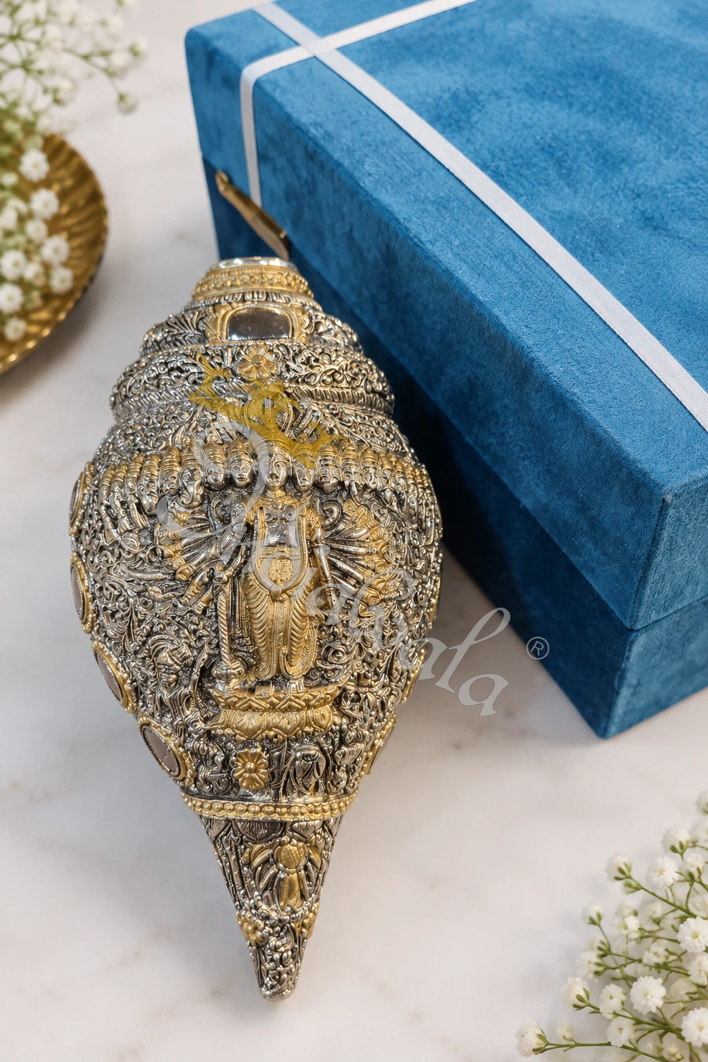INW-9469 A beautifully crafted 9 Inch German Silver Vishnu Shankh, perfect for pooja and spiritual decor.