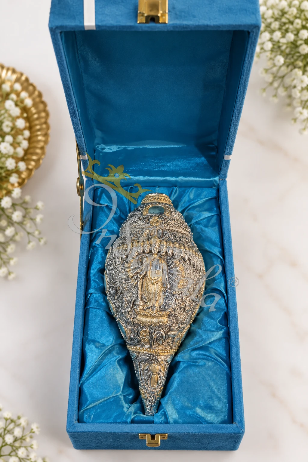 INW-9469_1 A beautifully crafted 9 Inch German Silver Vishnu Shankh, perfect for pooja and spiritual decor.