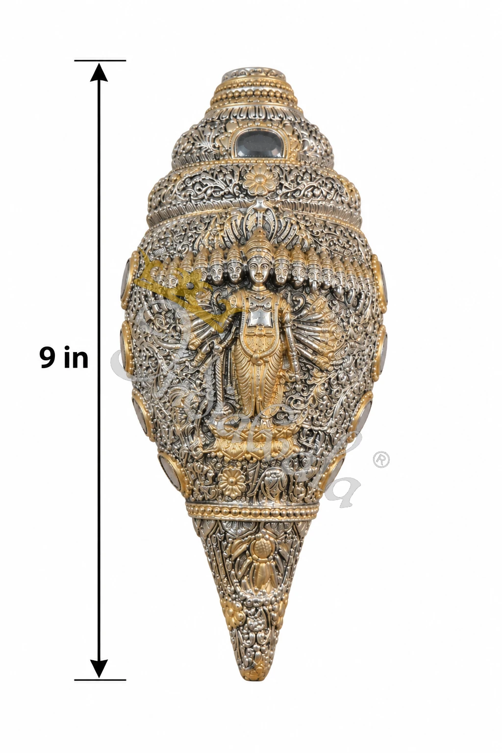 INW-9469_2 A beautifully crafted 9 Inch German Silver Vishnu Shankh, perfect for pooja and spiritual decor.