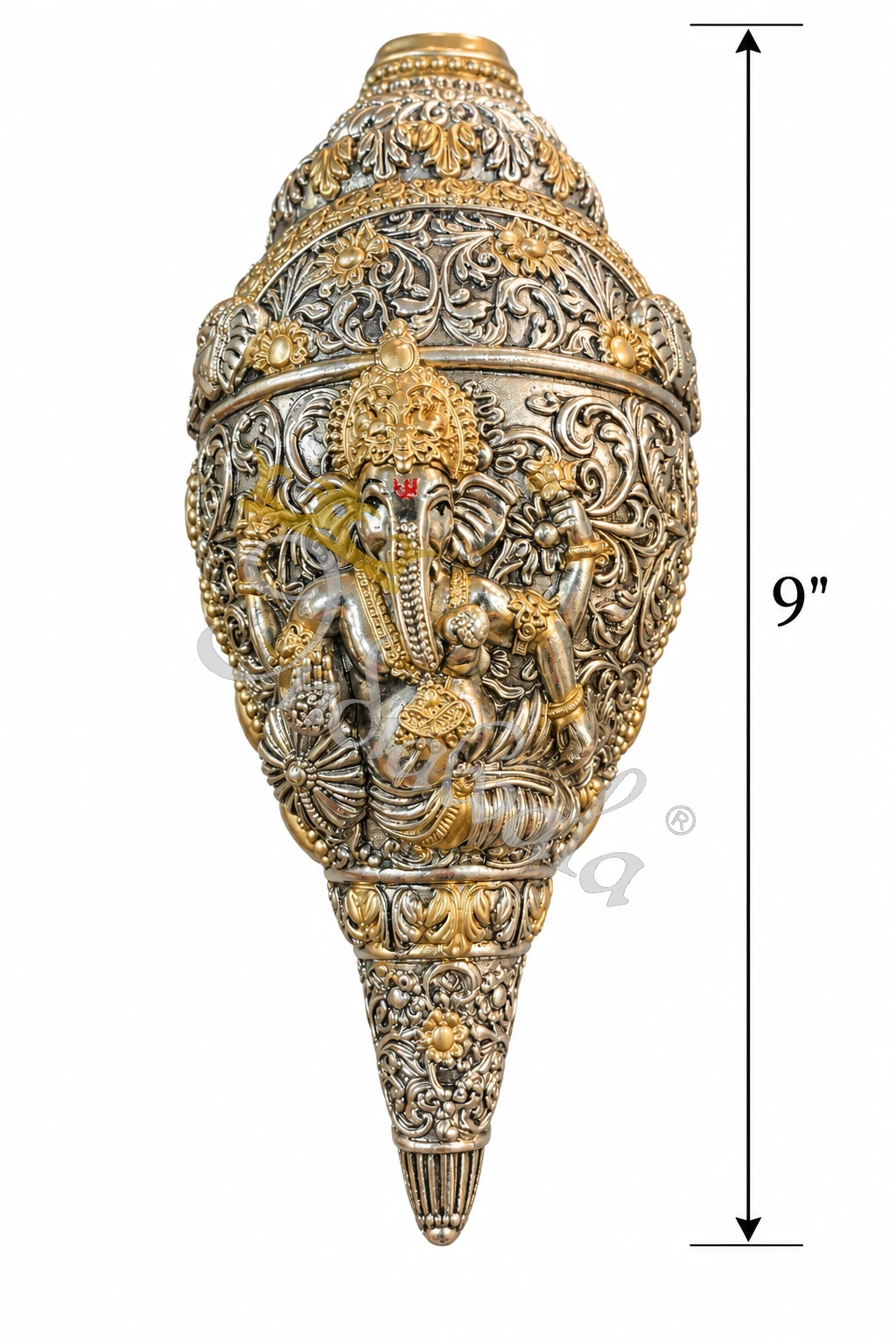 INW-9470_2 A beautifully crafted 9 inch German Silver Ganesh Shankh Idol, perfect for spiritual decor.