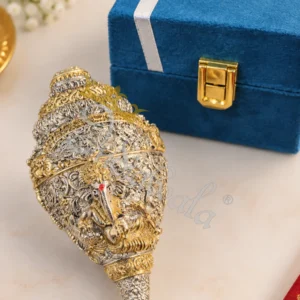 A beautifully crafted 5 Inch German Silver Ganesh Shankh in a velvet box.