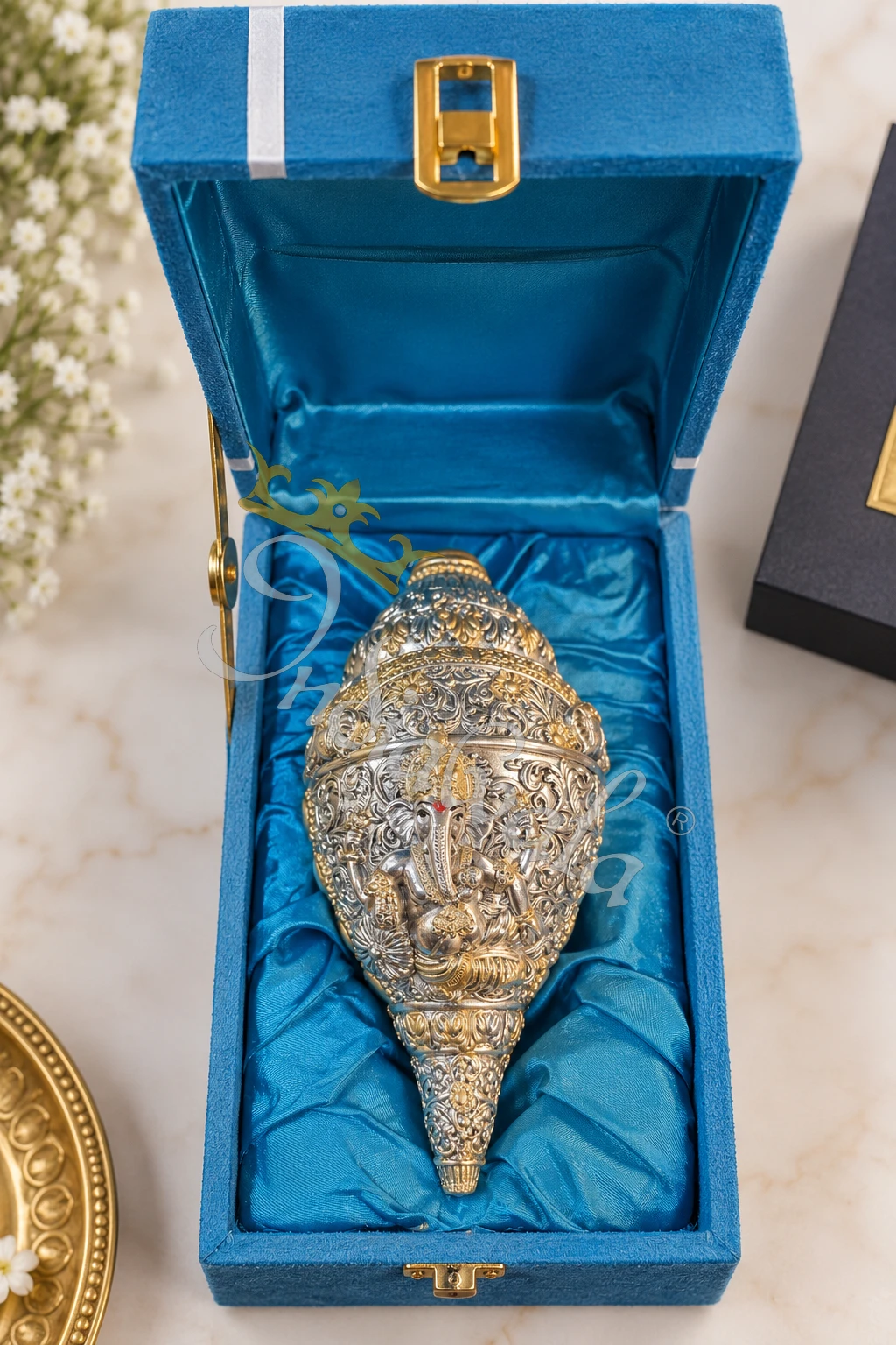 INW-9472_1 A beautiful 5.5 Inch German Silver Ganesh Pooja Shankh, intricately designed.