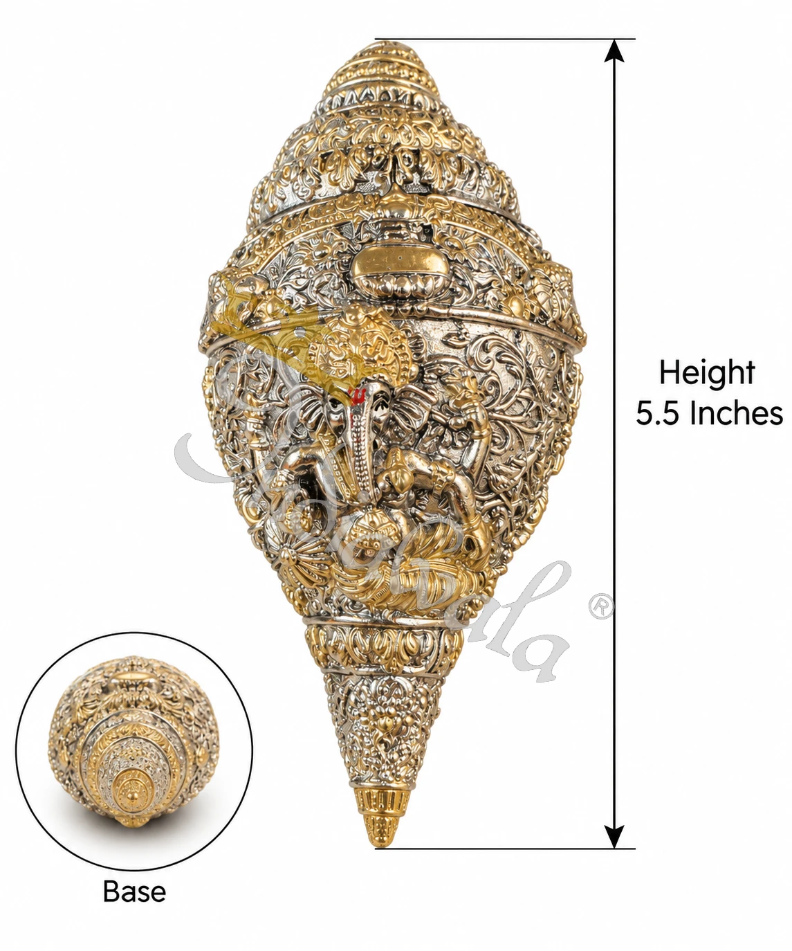 INW-9472_2 A beautiful 5.5 Inch German Silver Ganesh Pooja Shankh, intricately designed.
