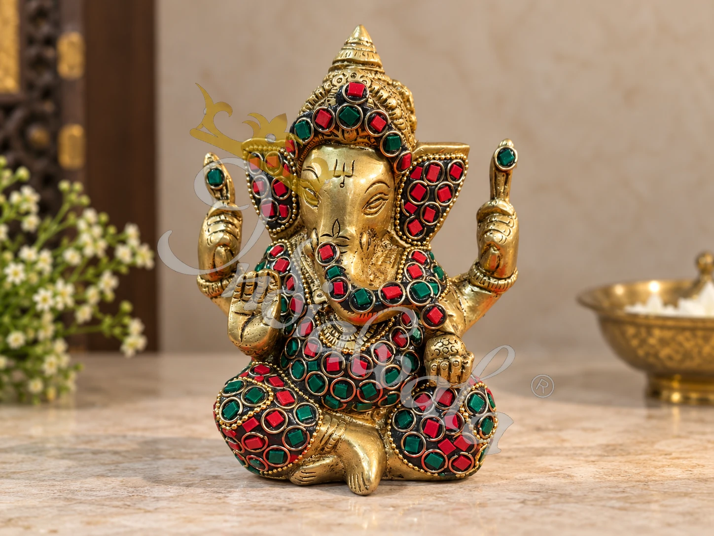 A beautifully handcrafted 5.5 Inch Brass Stone Work Ganesha Gifting Statue, featuring intricate detailing and a premium finish.