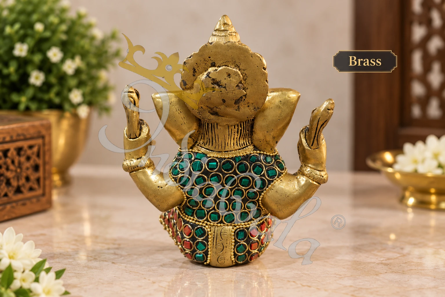 A beautifully handcrafted 5.5 Inch Brass Stone Work Ganesha Gifting Statue, featuring intricate detailing and a premium finish.