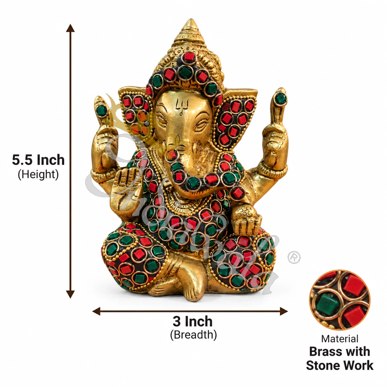A beautifully handcrafted 5.5 Inch Brass Stone Work Ganesha Gifting Statue, featuring intricate detailing and a premium finish.
