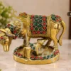 INW-9474 A beautifully crafted Brass Stone Work Kamdhenu Gifting Statue, adorned with colorful stones.