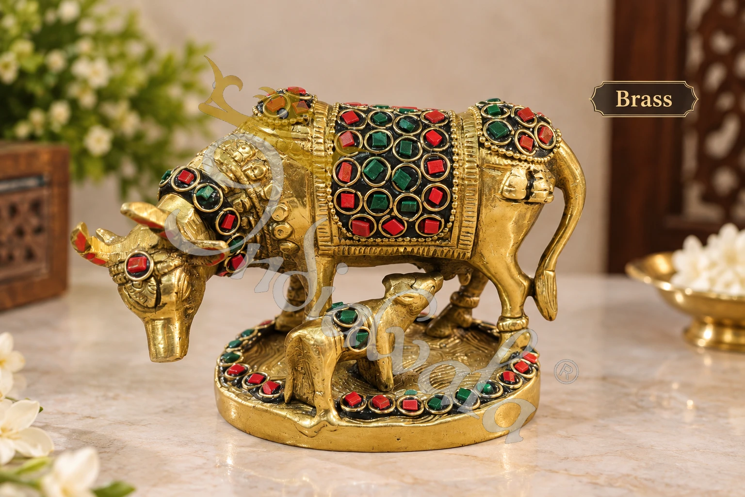 INW-9474 A beautifully crafted Brass Stone Work Kamdhenu Gifting Statue, adorned with colorful stones.