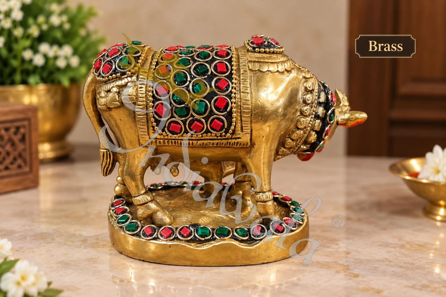 INW-9474_1 A beautifully crafted Brass Stone Work Kamdhenu Gifting Statue, adorned with colorful stones.