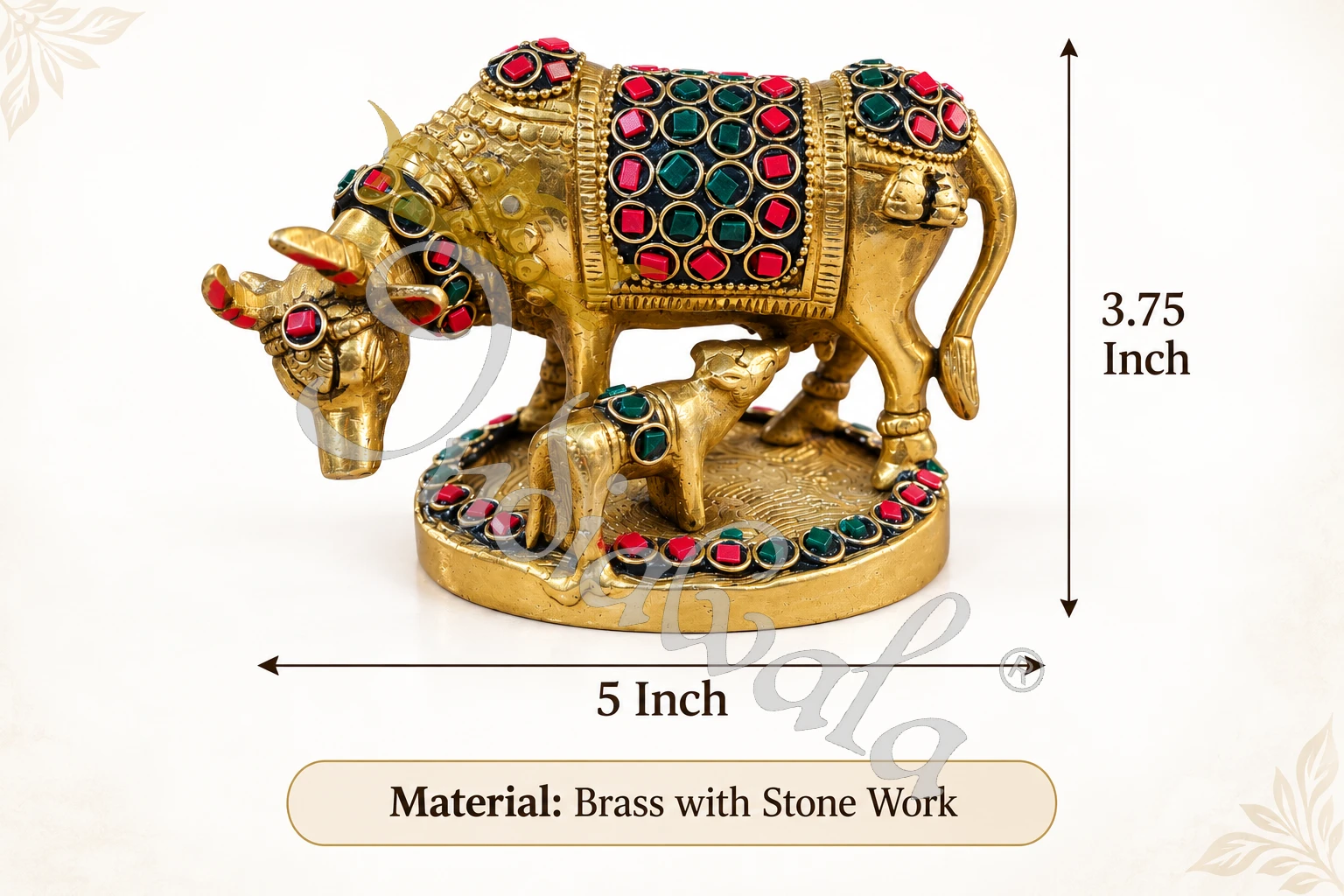 INW-9474_2 A beautifully crafted Brass Stone Work Kamdhenu Gifting Statue, adorned with colorful stones.