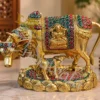 A beautifully handcrafted 6x8 Inch Brass Stone Work Kamdhenu Gifting Statue, featuring intricate stone detailing.
