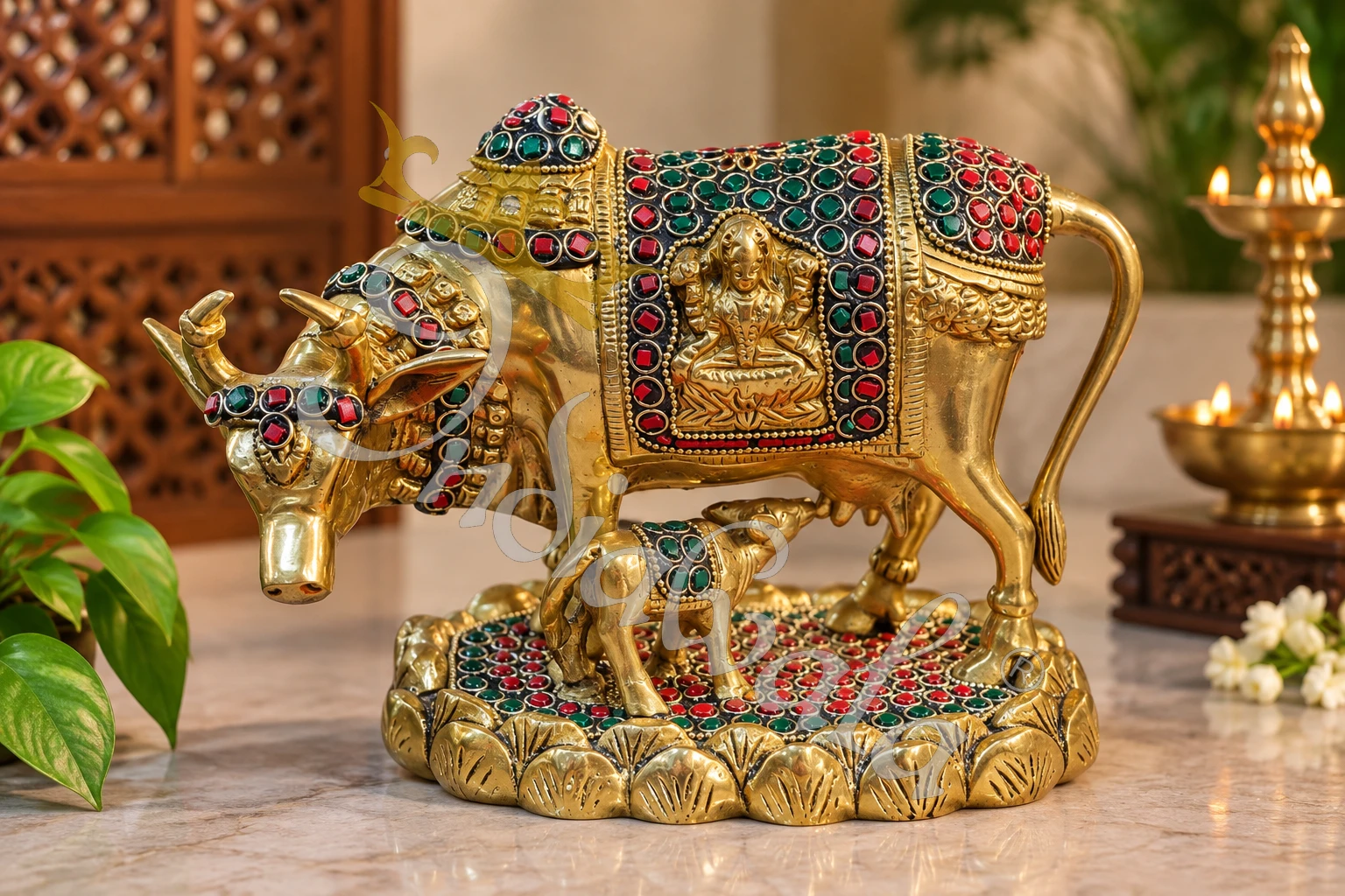 INW-9475 A beautifully handcrafted 6x8 Inch Brass Stone Work Kamdhenu Gifting Statue, featuring intricate stone detailing.
