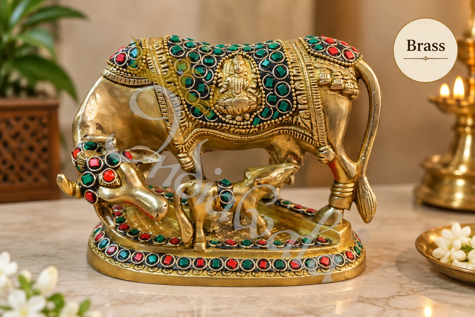 INW-9476 A beautiful 5x6 Inch Handcrafted Brass Stone Work Kamdhenu statue in a velvet box.