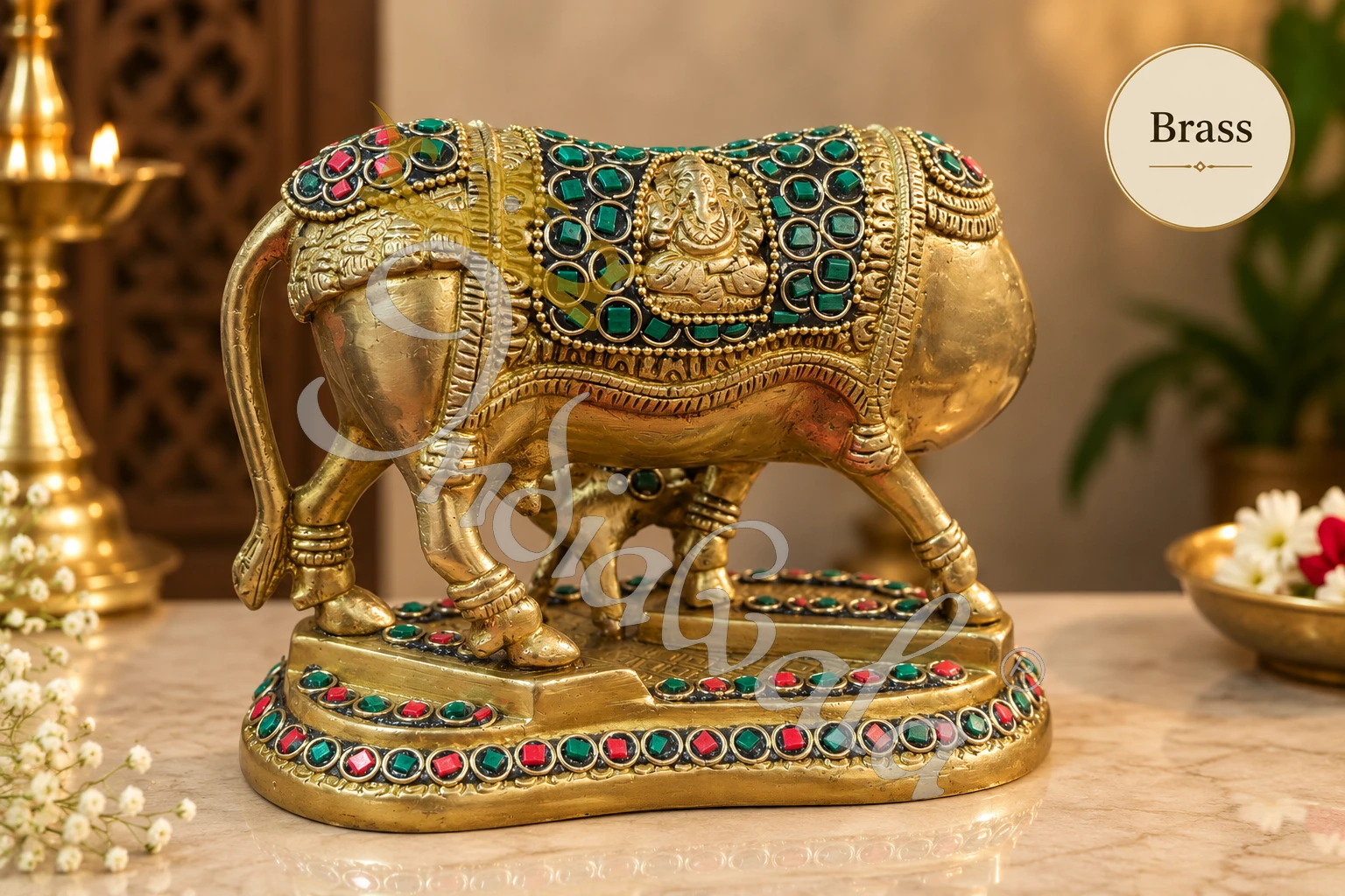 INW-9476_1 A beautiful 5x6 Inch Handcrafted Brass Stone Work Kamdhenu statue in a velvet box.