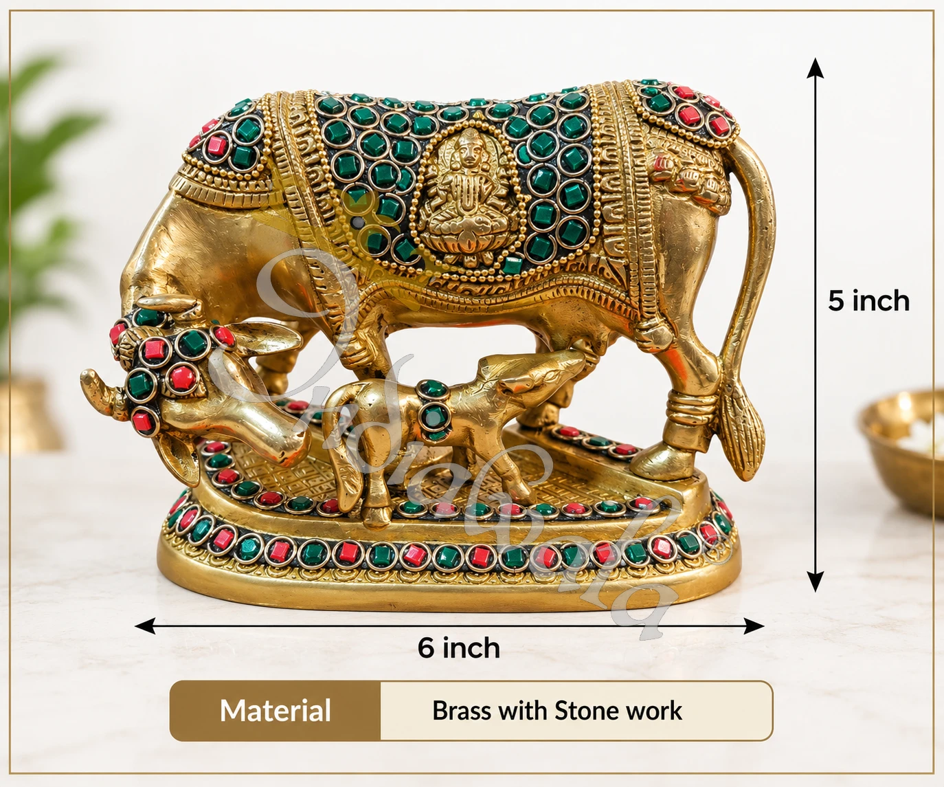INW-9476_2 A beautiful 5x6 Inch Handcrafted Brass Stone Work Kamdhenu statue in a velvet box.