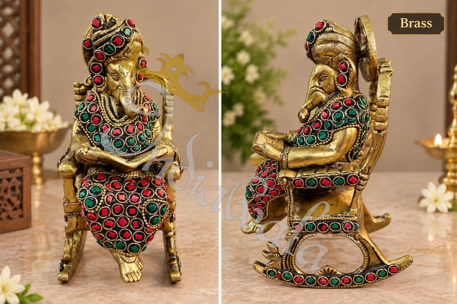A beautifully crafted 7 inch Brass Stone Work Ganesha Chair Gifting Statue, showcasing intricate details.