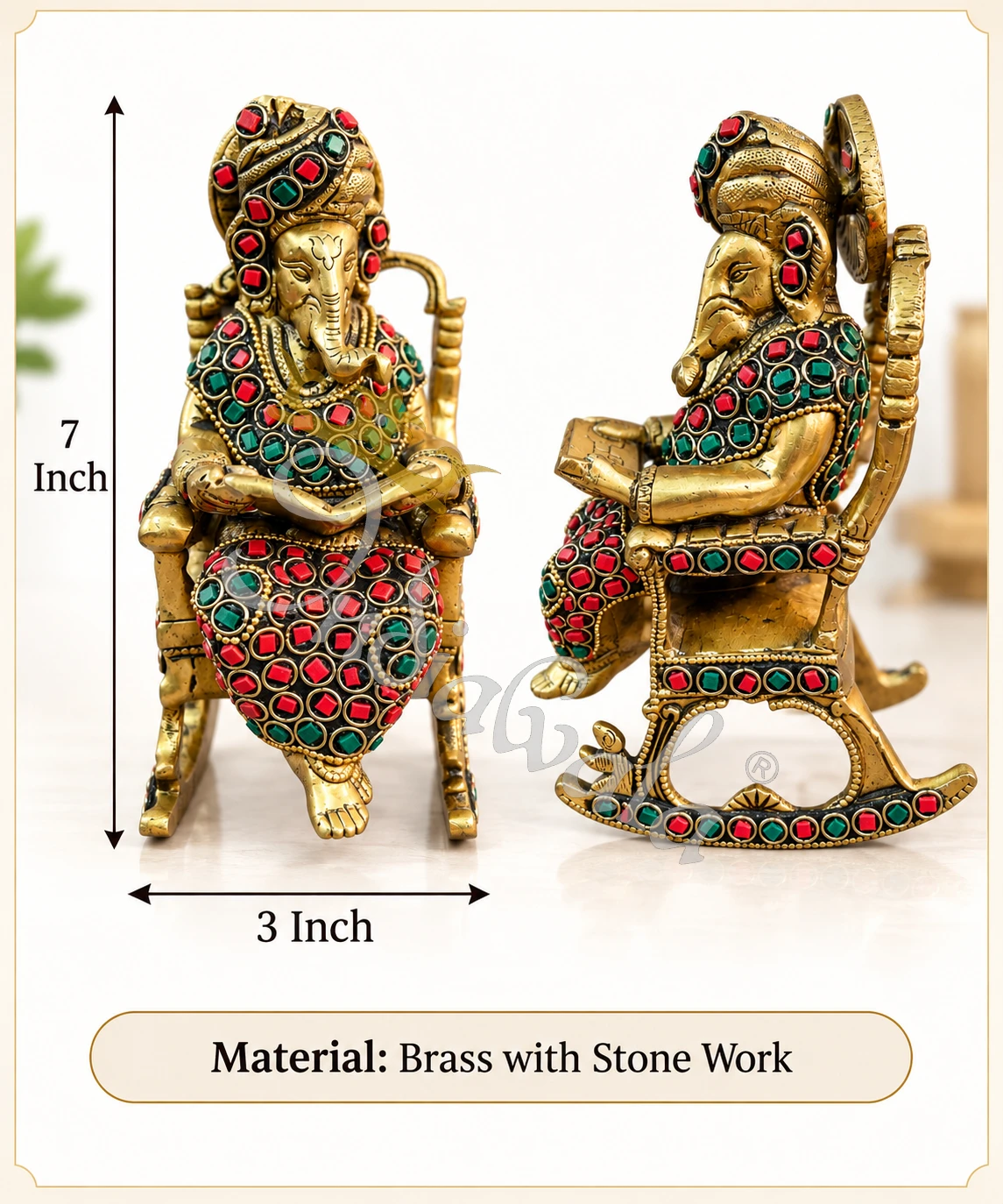 A beautifully crafted 7 inch Brass Stone Work Ganesha Chair Gifting Statue, showcasing intricate details.