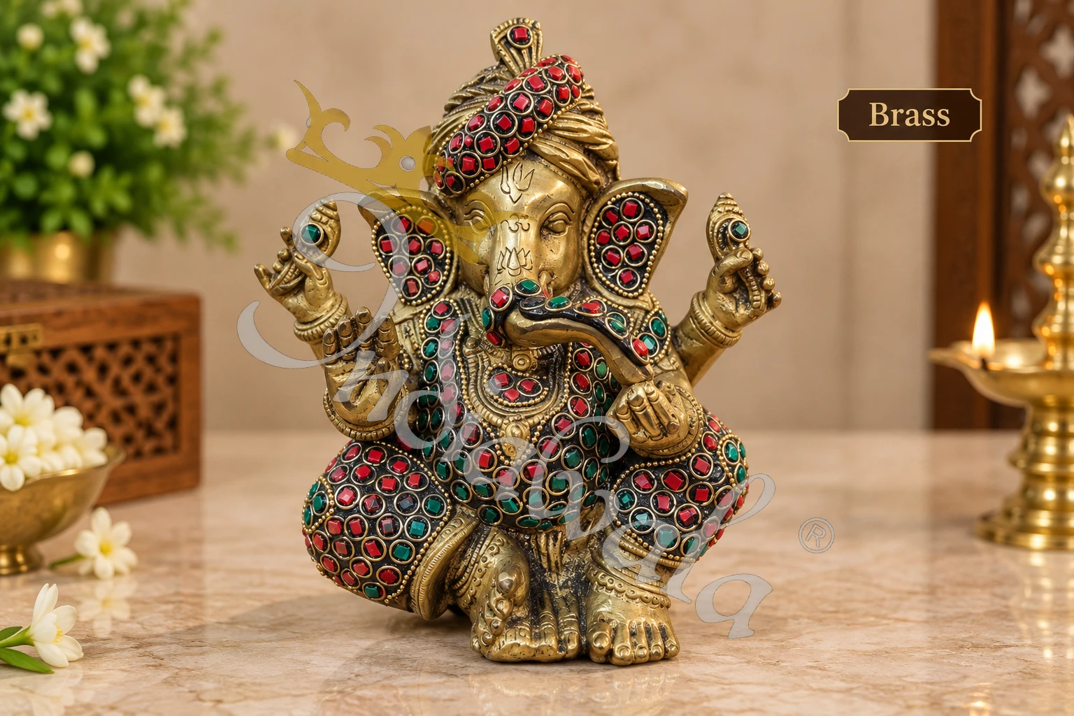 INW-9478 7.5 Inch Brass Pagdi Ganesha Stone Work Statue in a premium velvet box