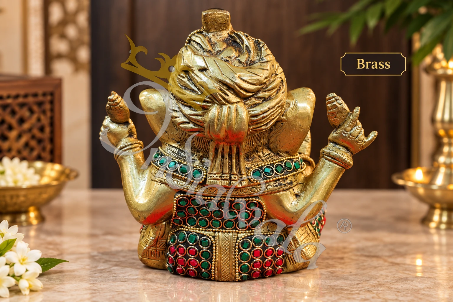 INW-9478_1 7.5 Inch Brass Pagdi Ganesha Stone Work Statue in a premium velvet box