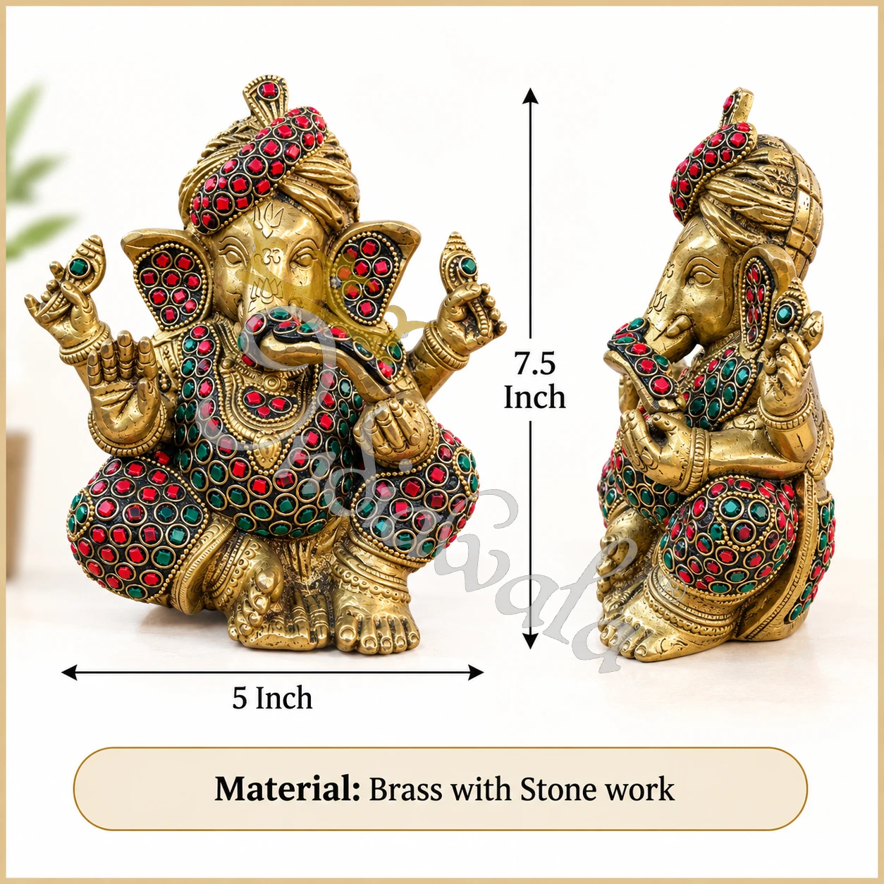 INW-9478_2 7.5 Inch Brass Pagdi Ganesha Stone Work Statue in a premium velvet box