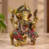 Handcrafted Brass Ganesha Stool Statue with Stone Work
