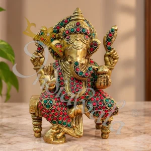 Handcrafted Brass Ganesha Stool Statue with Stone Work
