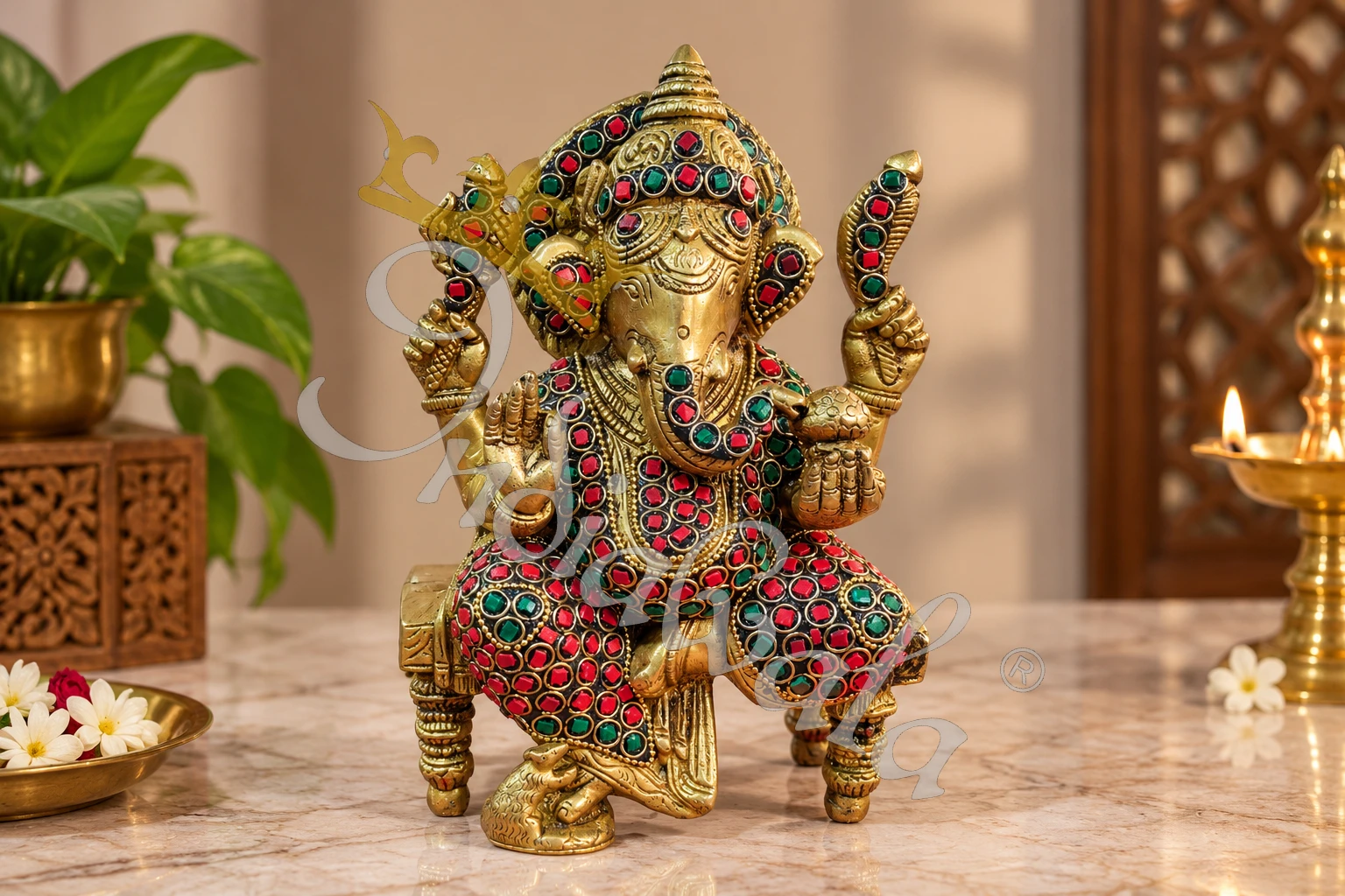 INW-9479-1 Handcrafted Brass Ganesha Stool Statue with Stone Work