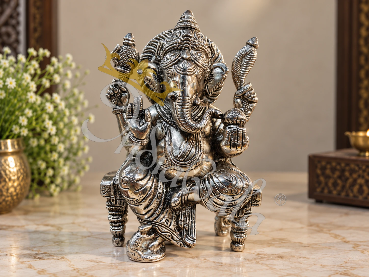 INW-9480 Handcrafted Silver Finish Brass Ganesha statue for corporate gifting.