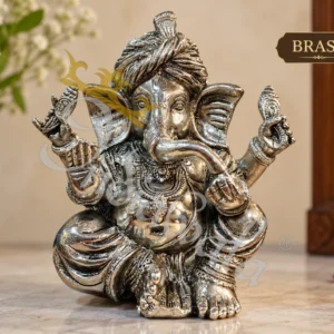 7.5 Inch Silver Finish Brass Pagdi Ganesha in a premium velvet box
