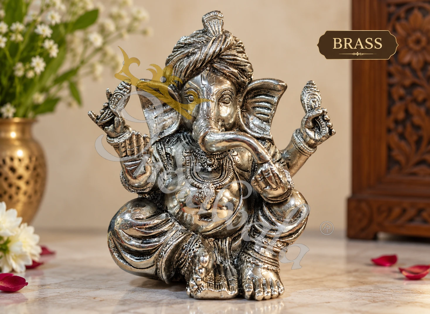 INW-9481 7.5 Inch Silver Finish Brass Pagdi Ganesha in a premium velvet box