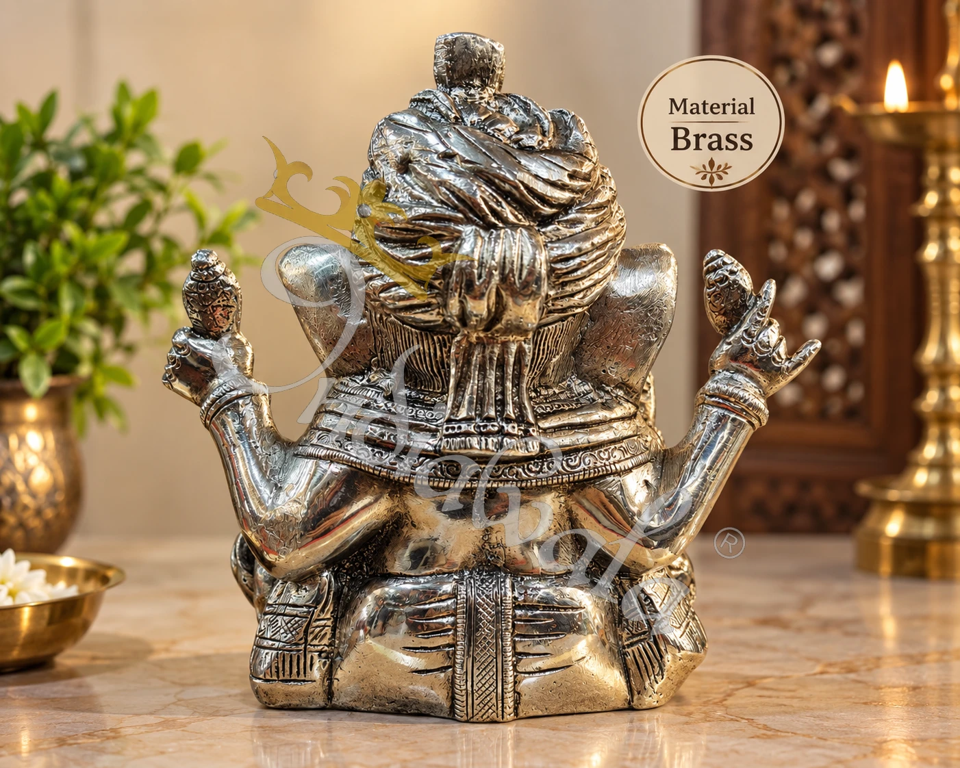 INW-9481_1 7.5 Inch Silver Finish Brass Pagdi Ganesha in a premium velvet box
