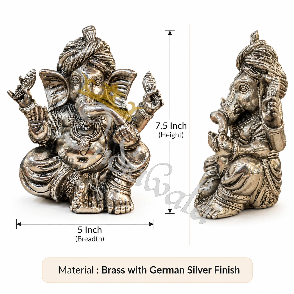 INW-9481_2 7.5 Inch Silver Finish Brass Pagdi Ganesha in a premium velvet box