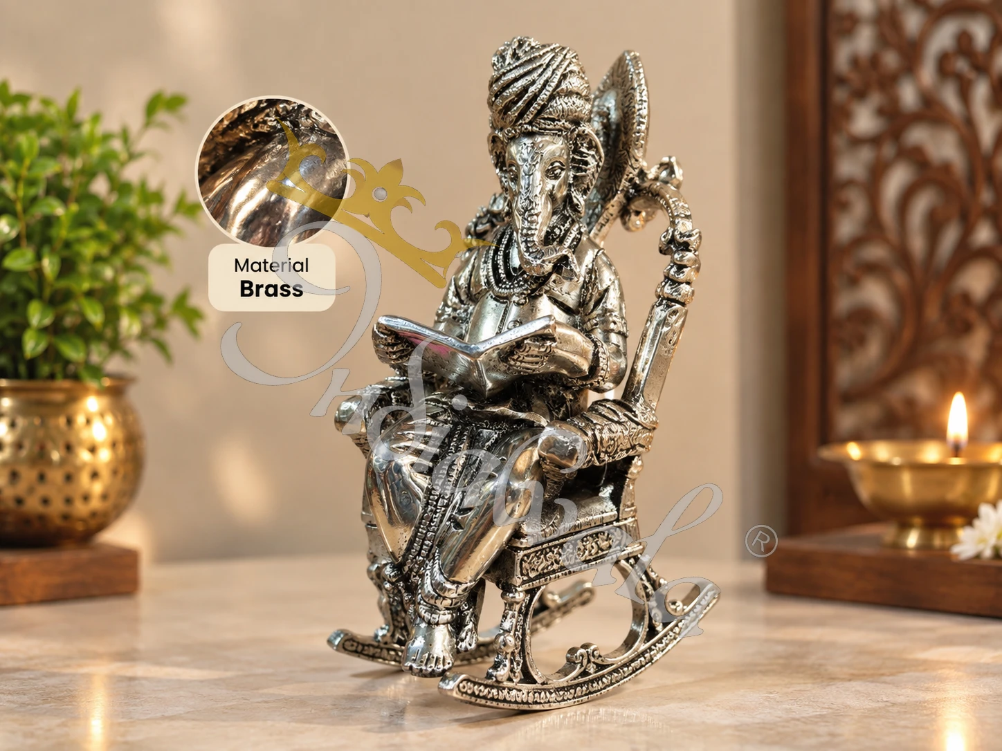 INW-9482 7 Inch Silver Finish Brass Chair Ganesha idol for premium gifting
