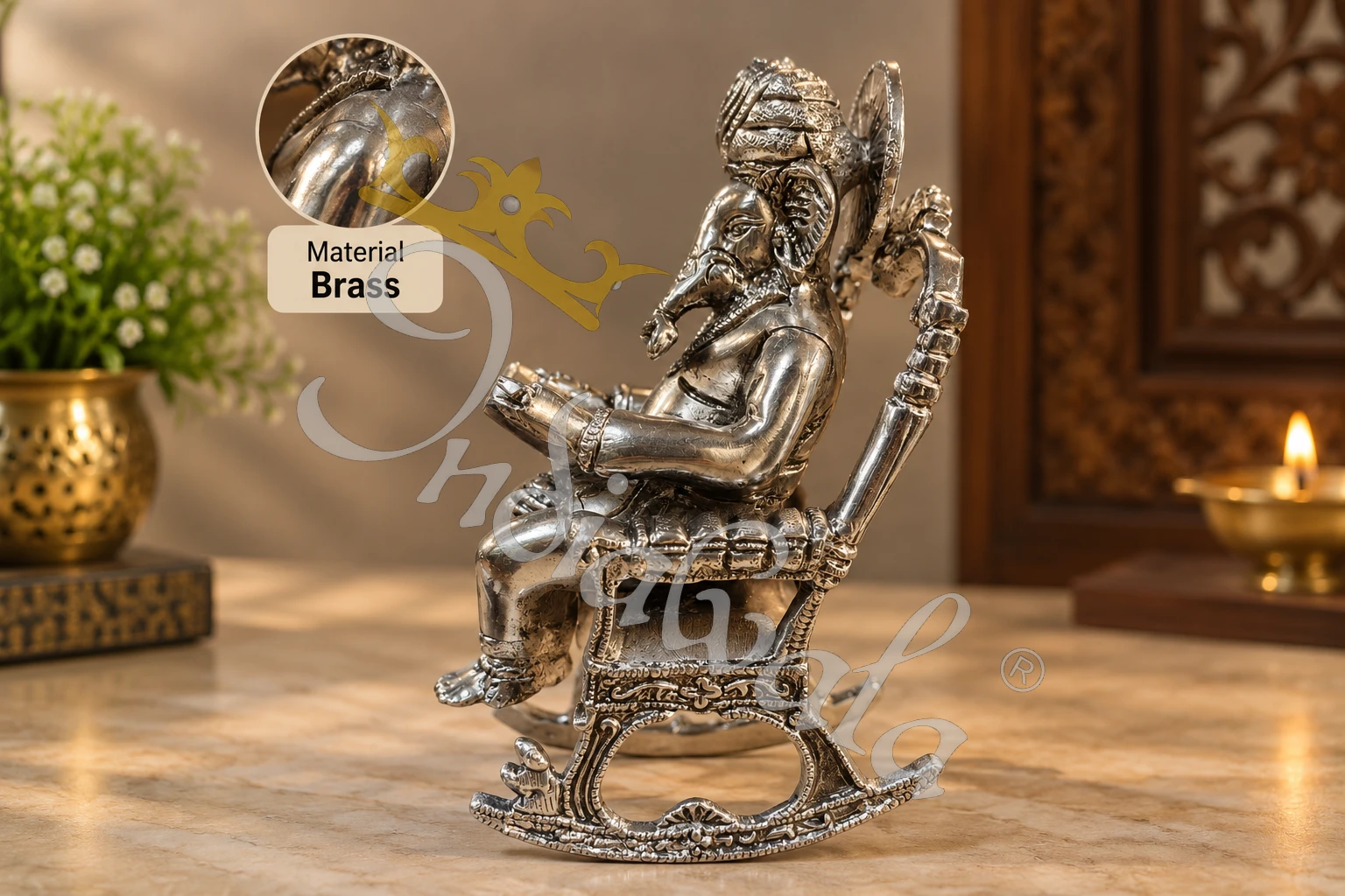 INW-9482_1 7 Inch Silver Finish Brass Chair Ganesha idol for premium gifting