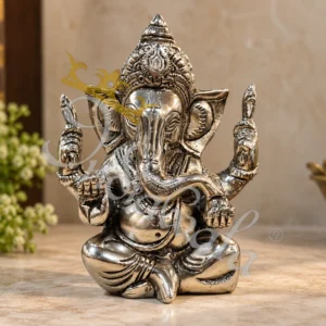 5.5 Inch Silver Finish Brass Ganesha Statue in a premium velvet box