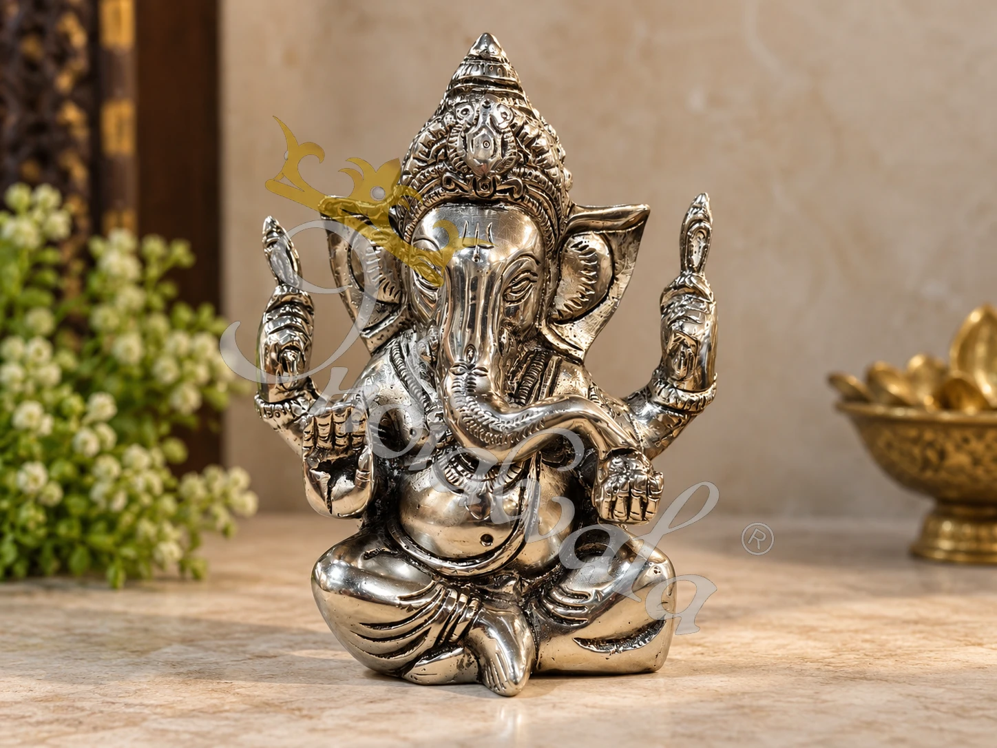 INW-9483 5.5 Inch Silver Finish Brass Ganesha Statue in a premium velvet box