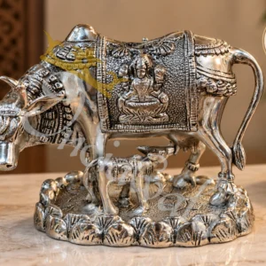 Elegant Silver Finish Brass Kamdhenu Cow Statue for spiritual home decor