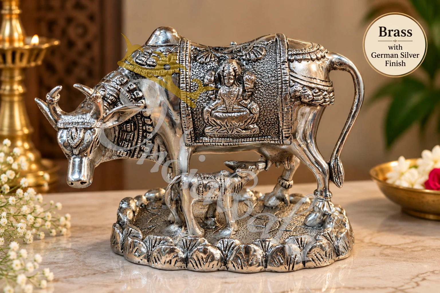 INW-9484 Elegant Silver Finish Brass Kamdhenu Cow Statue for spiritual home decor