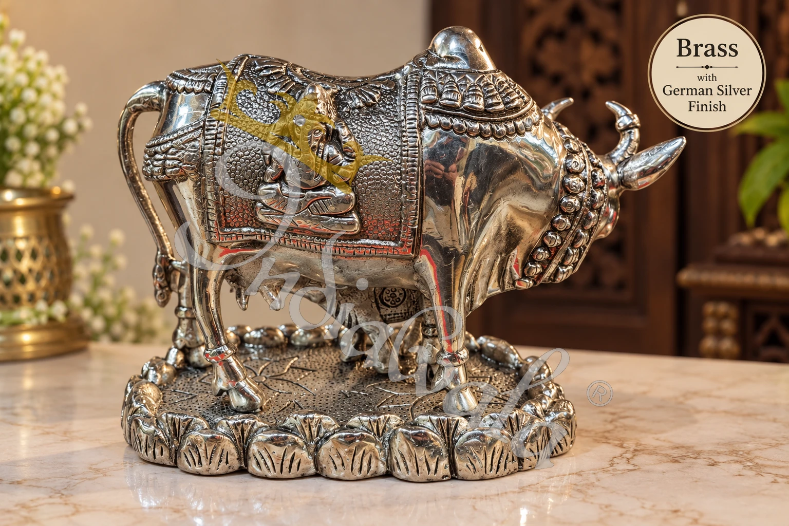 INW-9484_1 Elegant Silver Finish Brass Kamdhenu Cow Statue for spiritual home decor